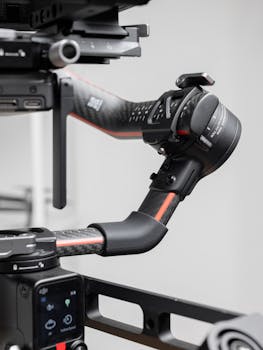 Close-up of a high-end camera gimbal stabilizer used in modern filmmaking.
