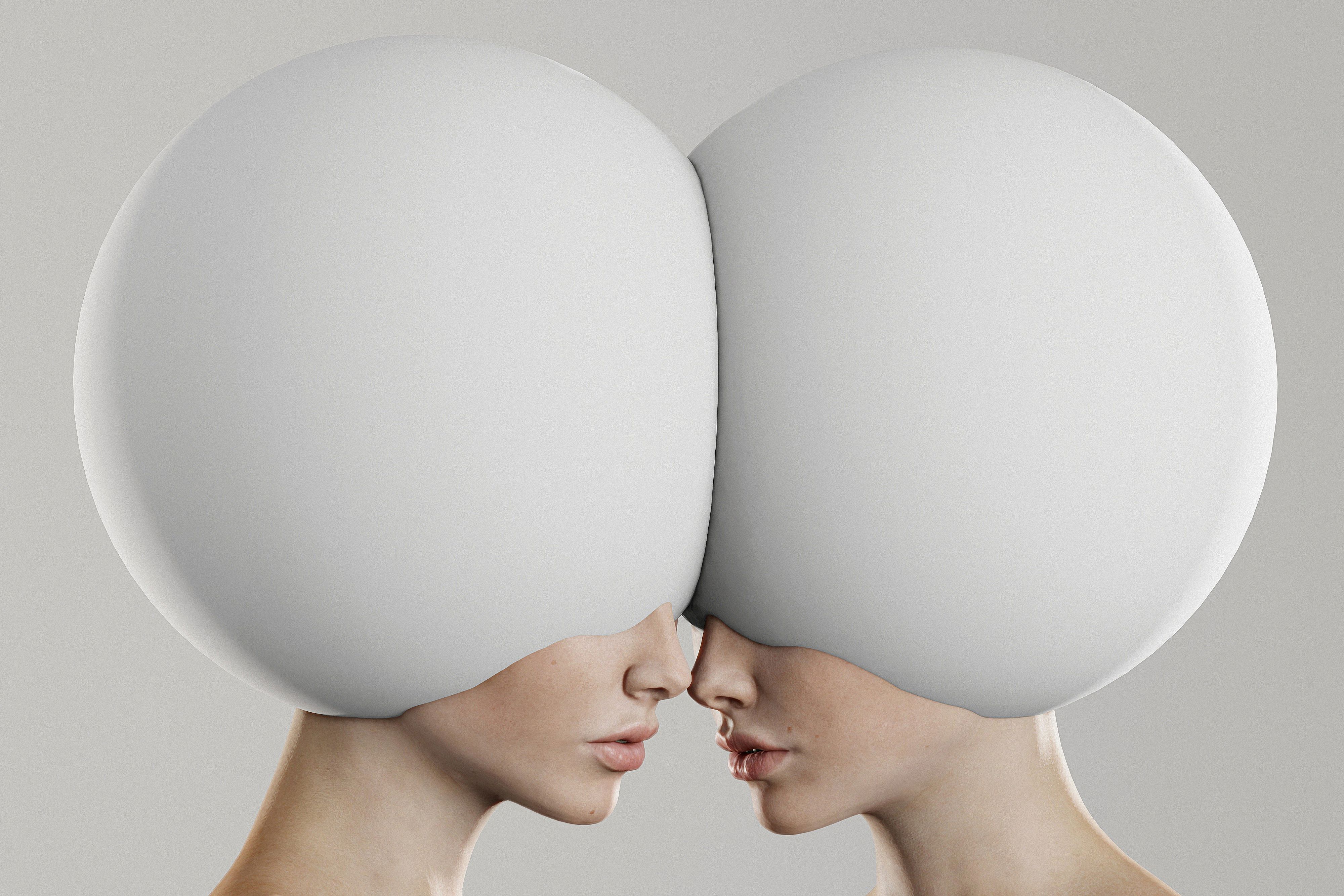 Creative surreal art featuring two women with large spherical white headwear touching foreheads.