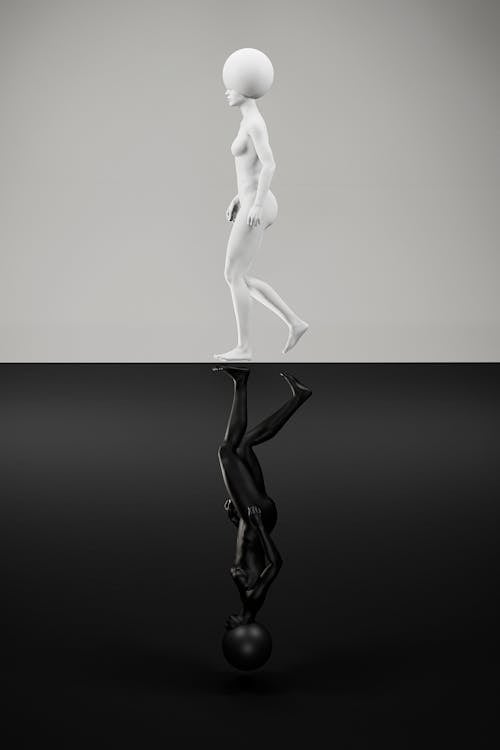 Digital Art of a Human Likeness with a Huge Head Walking 