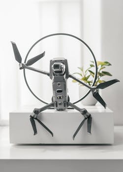A cutting-edge drone featuring circular propellers, displayed on a table with a plant backdrop.