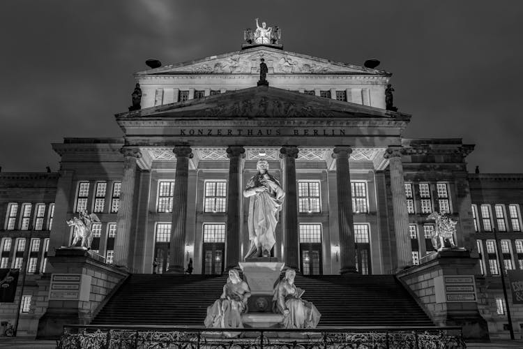 Black And White Photo Of Concert Hall Entrance In Berlin, Germany