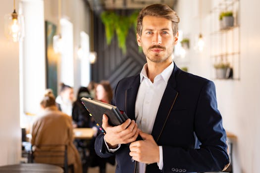 Professional man in a suit standing confidently with notebooks in a stylish cafe setting.
