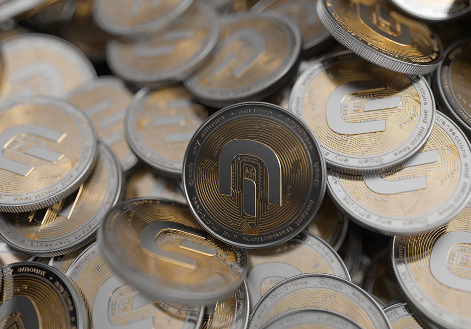 Close-up of multiple gold and silver cryptocurrency coins symbolizing digital currency and finance.