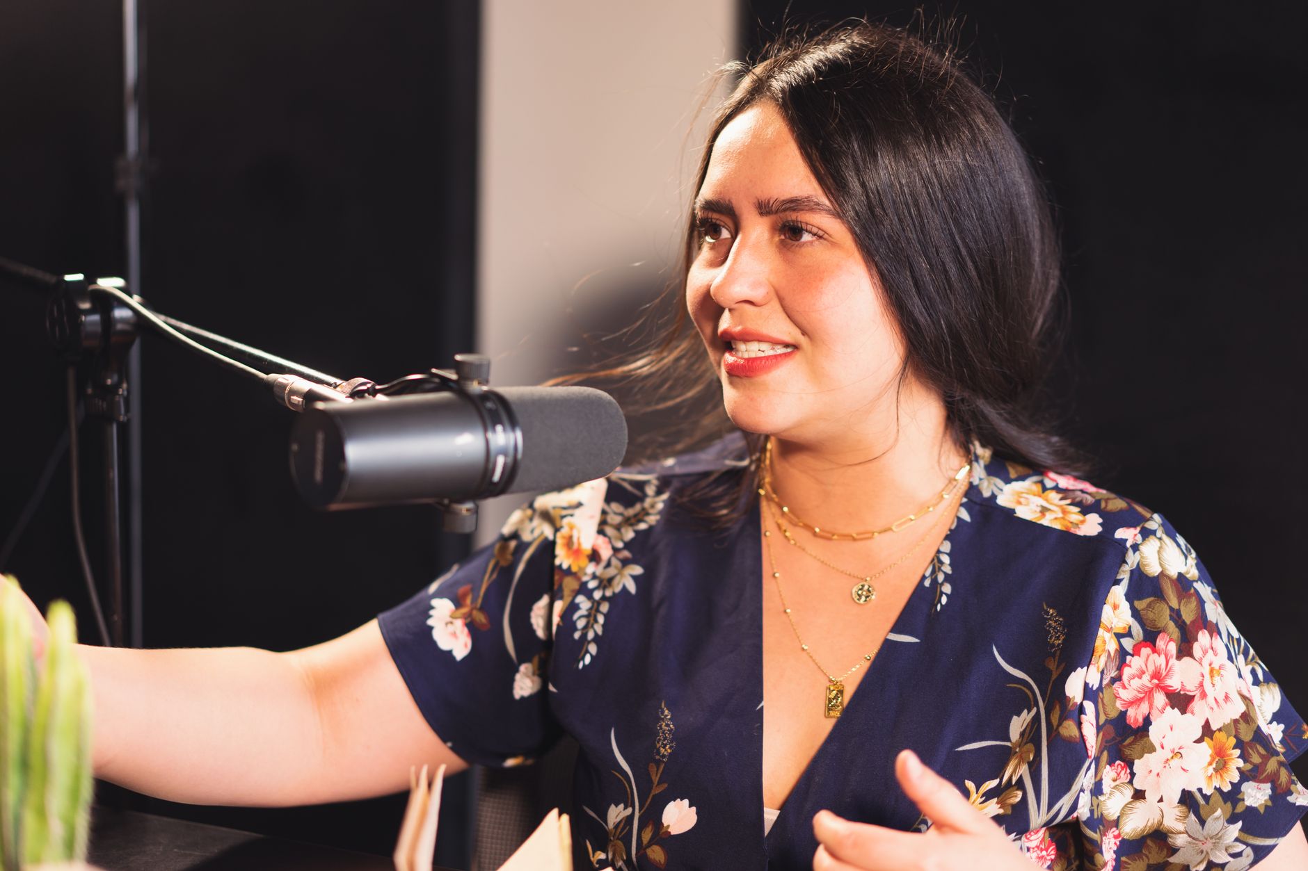 Amelia Dimoldenberg bir röportaj stüdyosunda