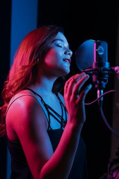 Young female singer in a recording studio, passionately singing into a microphone with closed eyes.