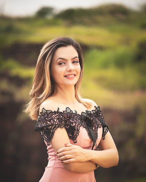 Beautiful Woman in Black Lace Pink Top 