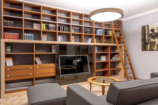 Stylish home library with wooden bookshelves, ladder, grey seating, and modern lighting.