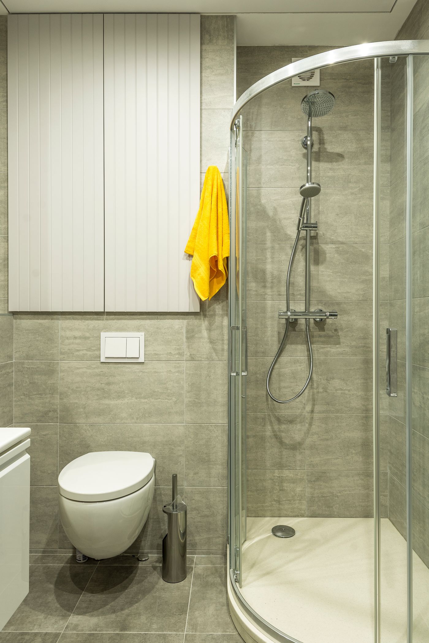 Bright residential bathroom with shower, toilet, and plumbing fixtures