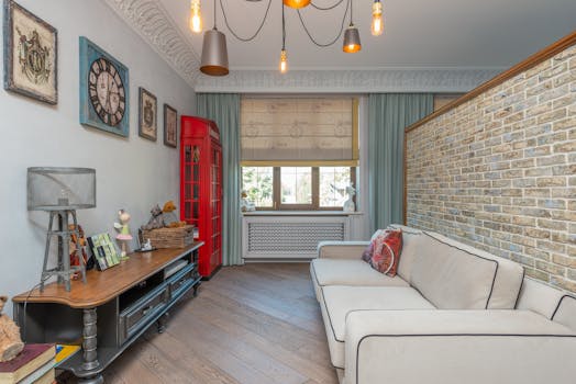 A stylish living room combining vintage decor and modern design elements with a cozy atmosphere.