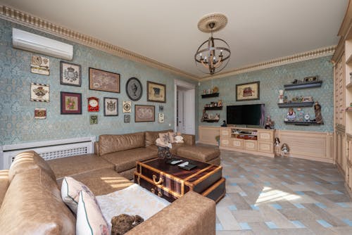 A Living Room With Beige Couch