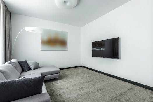 Contemporary living room with grey sofa, TV, and modern decor in a minimalist style.