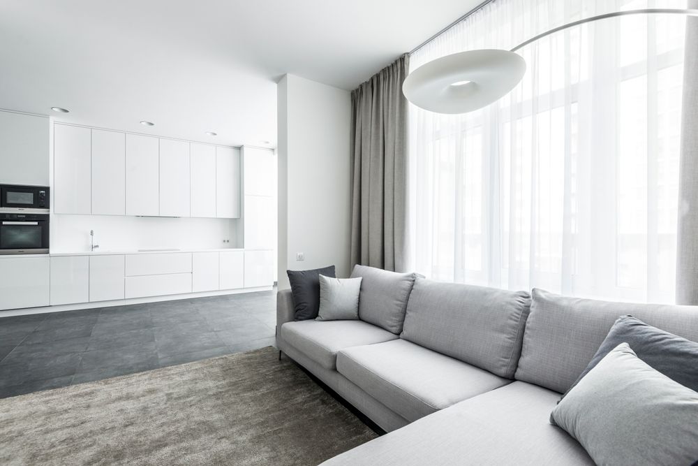 Sala de estar moderna com sofá limpo e aconchegante