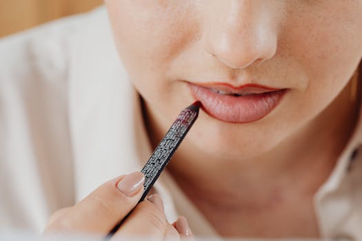 Detailed close-up of a woman applying lip liner for precise makeup application.