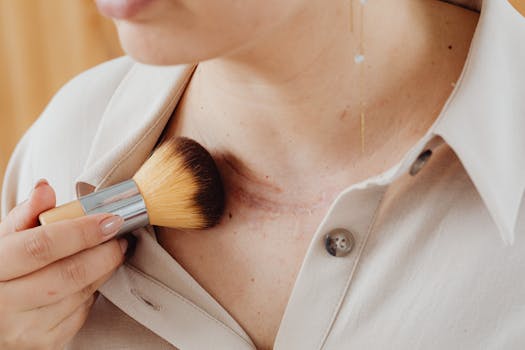 A woman uses a makeup brush to enhance her skin, blending scars for a natural look.