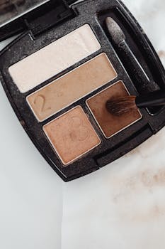 A detailed close-up photo of an eyeshadow palette with a makeup brush.