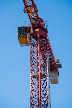 Close-up of a red tower crane extending into a clear blue sky, showcasing industrial construction equipment.