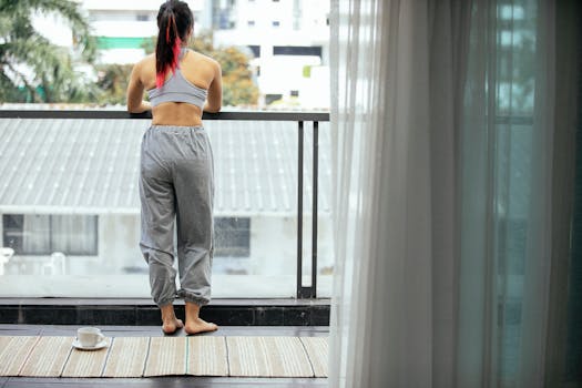 A woman in activewear enjoys a peaceful morning view from a balcony with coffee.