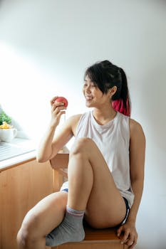 A young woman sitting indoors, joyfully holding an apple with natural lighting.