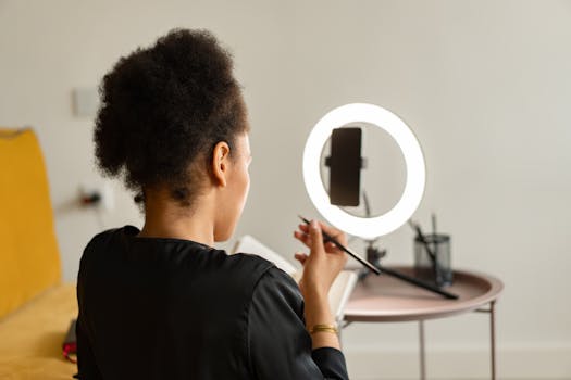 A young woman studies indoors using a ring light, creating a focused and modern workspace.