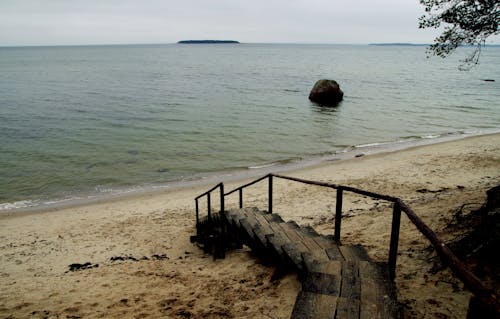 Brown Wooden Stairs Near Body of Water