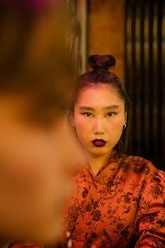 Portrait of an Asian woman with dark lipstick in a dimly lit restaurant, showcasing fashion and confidence.