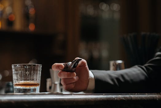 A person holding a tobacco pipe beside a glass of whisky on a bar counter.
