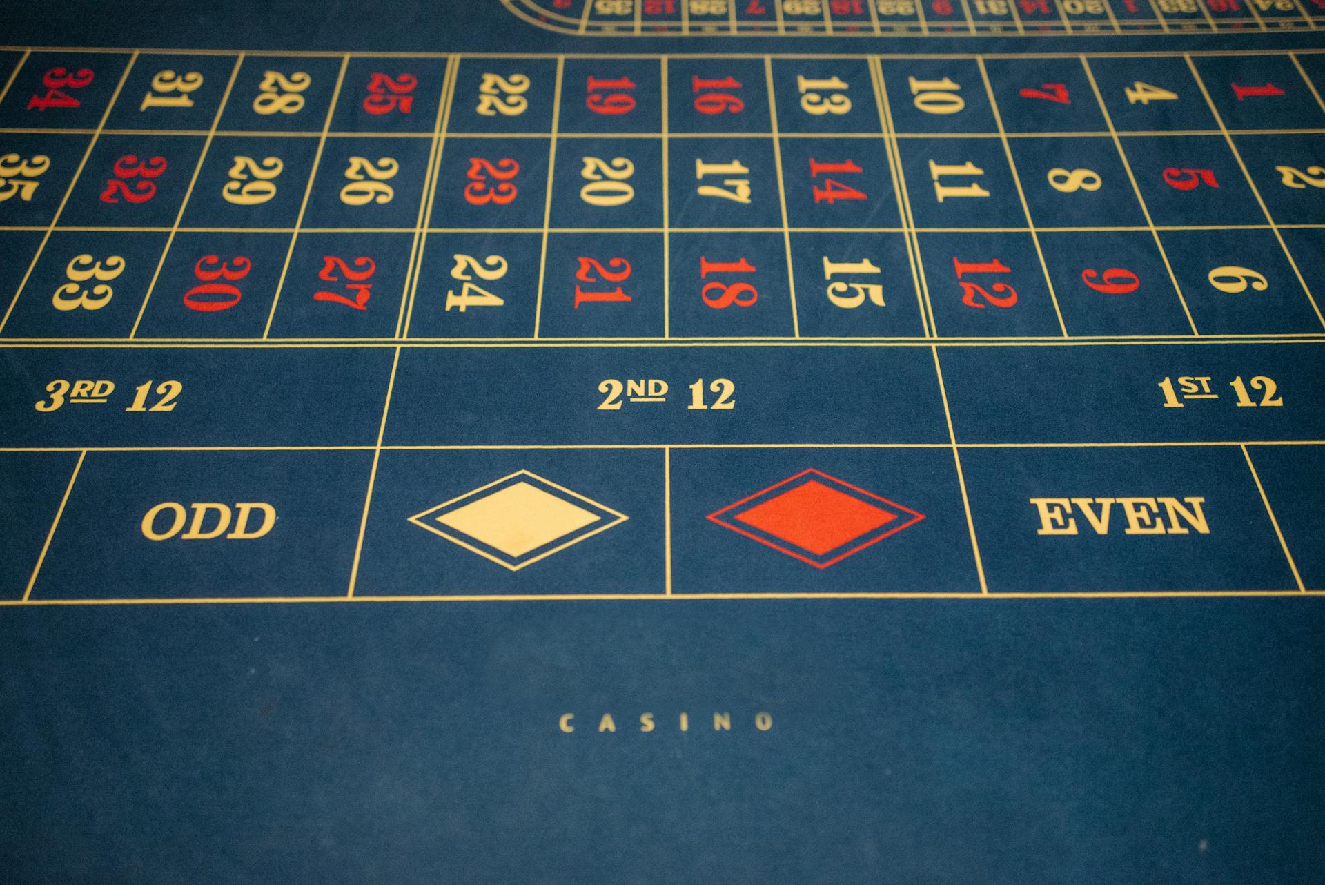 Detailed view of a casino roulette table with numbers and betting options.