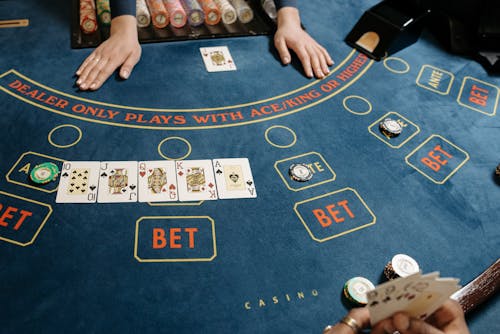 Free Cards and Casino Tokens on Baccarat Table Stock Photo