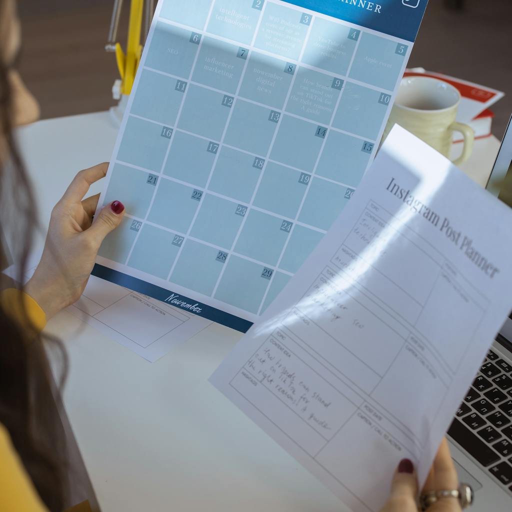 Person planning Instagram posts; relevant to social media marketing and Instagram advertising.