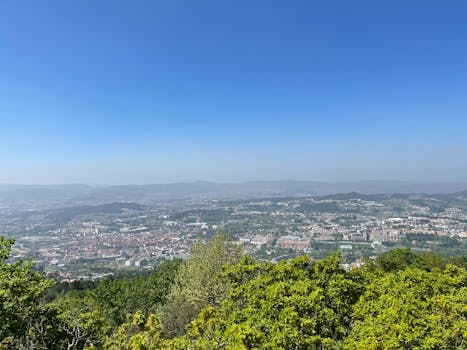 A breathtaking aerial view over a city's landscape with a clear sky, showcasing urban and natural beauty.