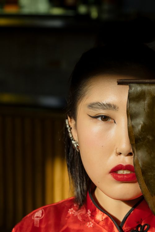 Free Portrait of a stylish Asian woman indoors holding seaweed with dramatic lighting and shadows. Stock Photo