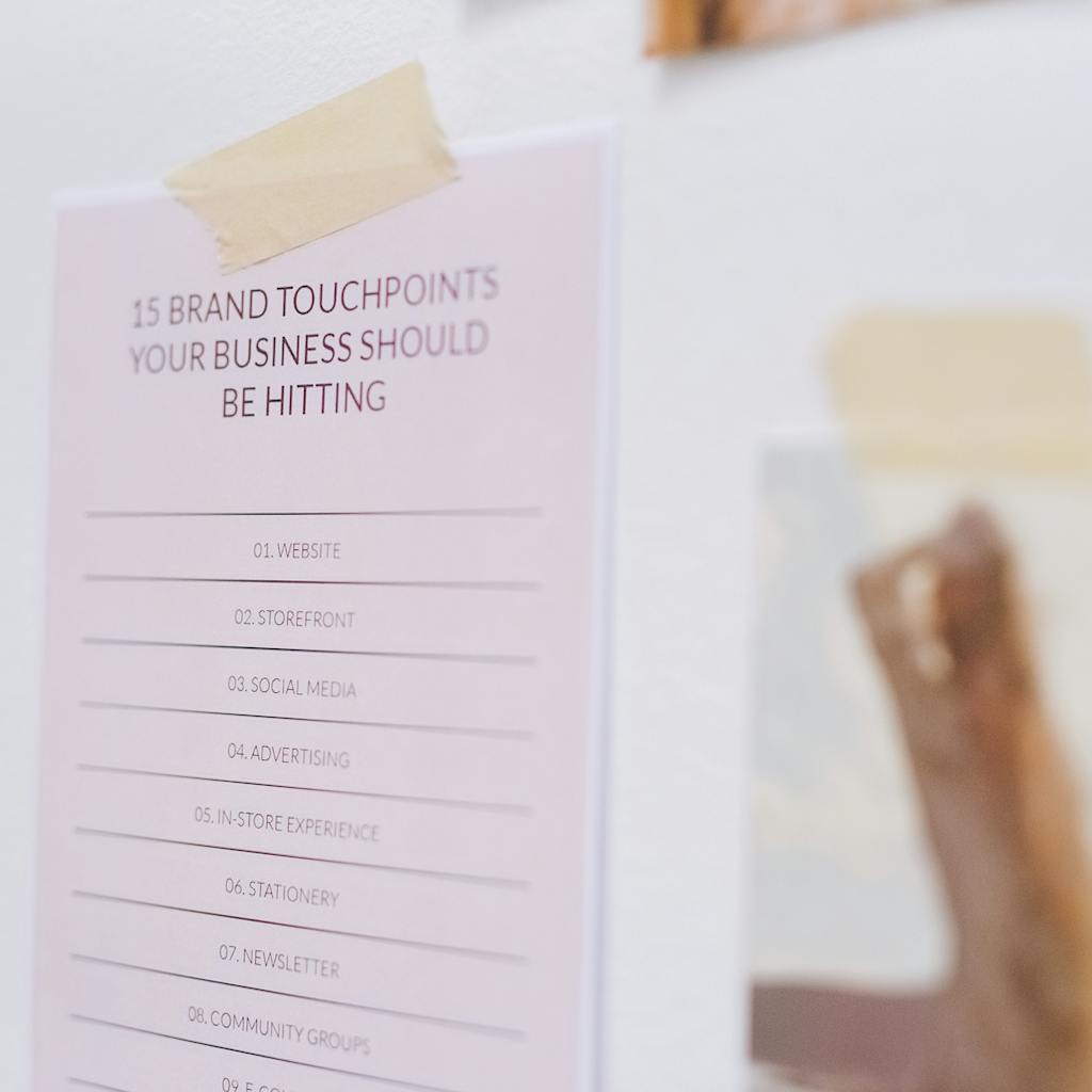 Paper with a list of brand touchpoints, including advertising and social media; marketing strategy.