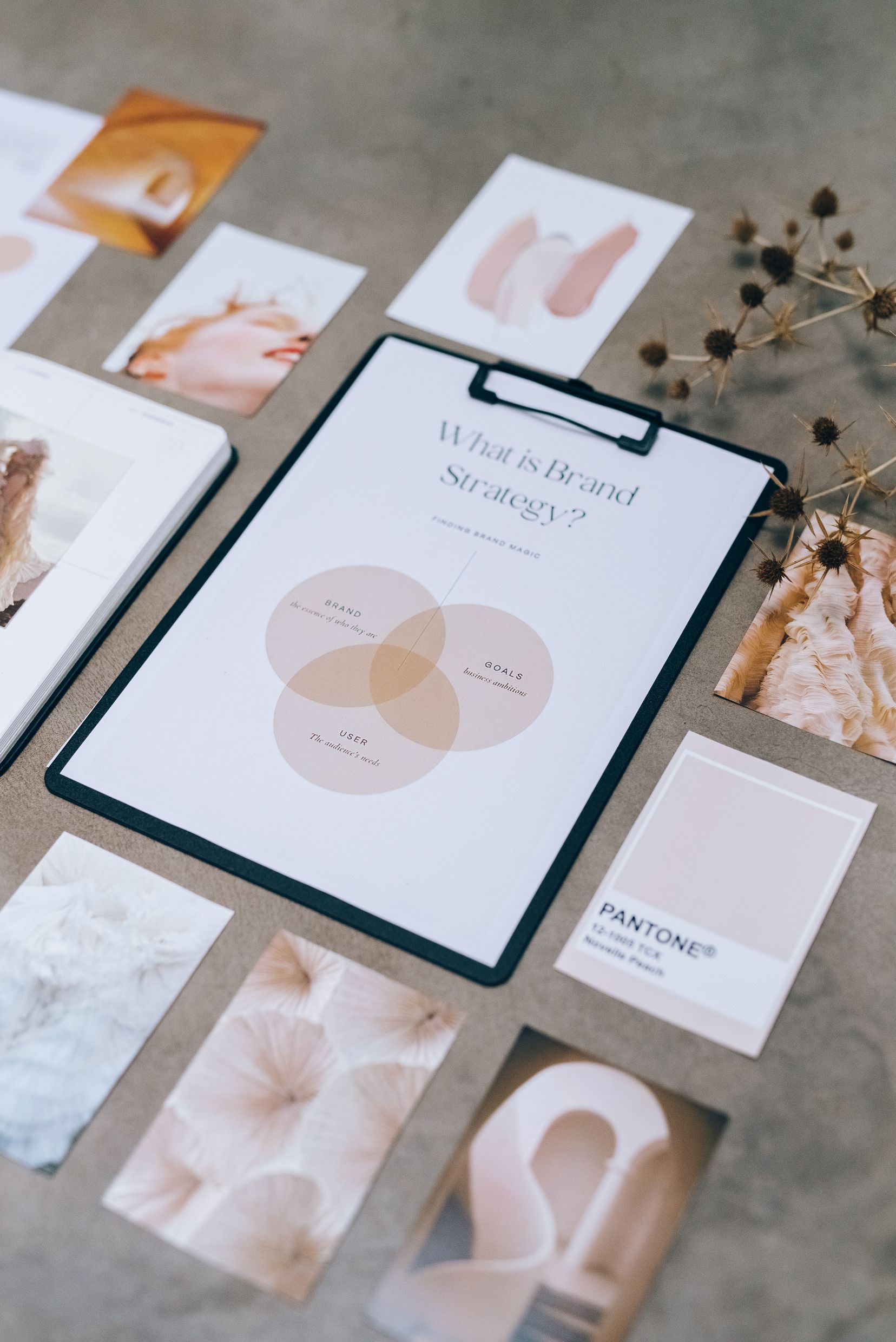 Moodboard de stratégie de marque avec palette de couleurs et éléments graphiques