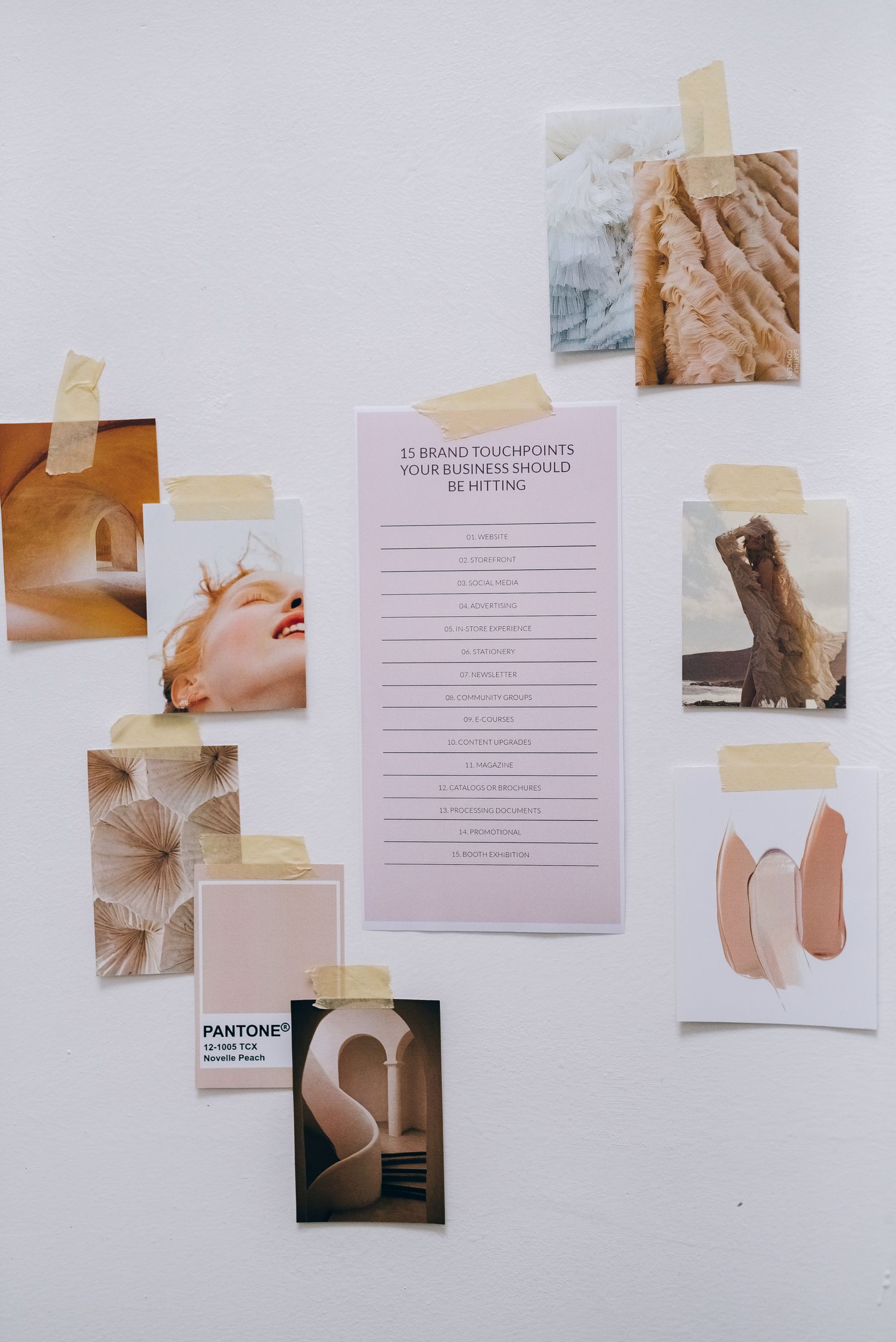 Brand references and color studies arranged on a wall