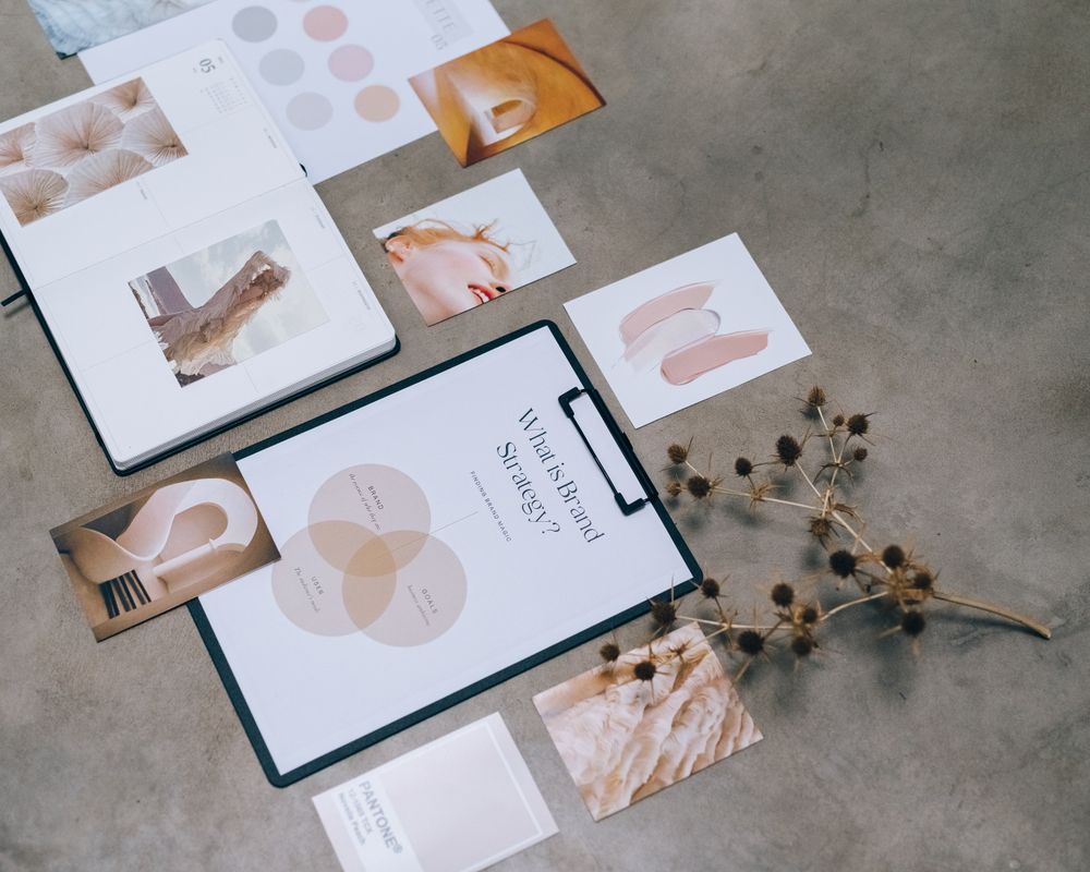 Branding and design materials on a desk