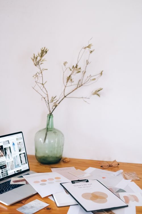 Free A clean workspace featuring a laptop, documents, and a decorative vase with branches. Stock Photo