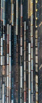 Top-down drone view of a dense train yard filled with lined-up cargo containers.