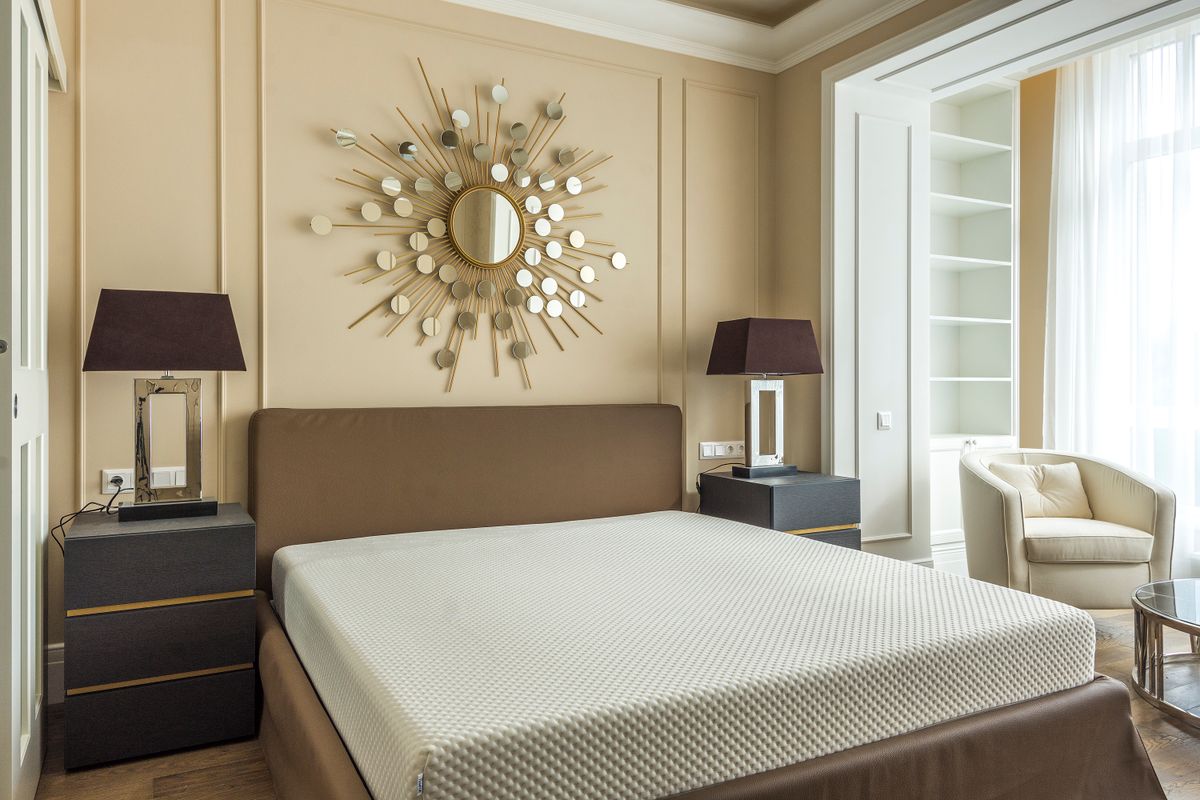 Contemporary bedroom with beige walls