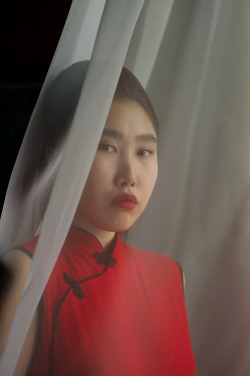 Free Portrait of an elegant woman in a red dress behind a sheer curtain, showcasing beauty and mystery. Stock Photo
