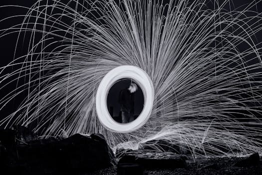 Artistic steel wool photography with spinning light trails captured outdoors at night.