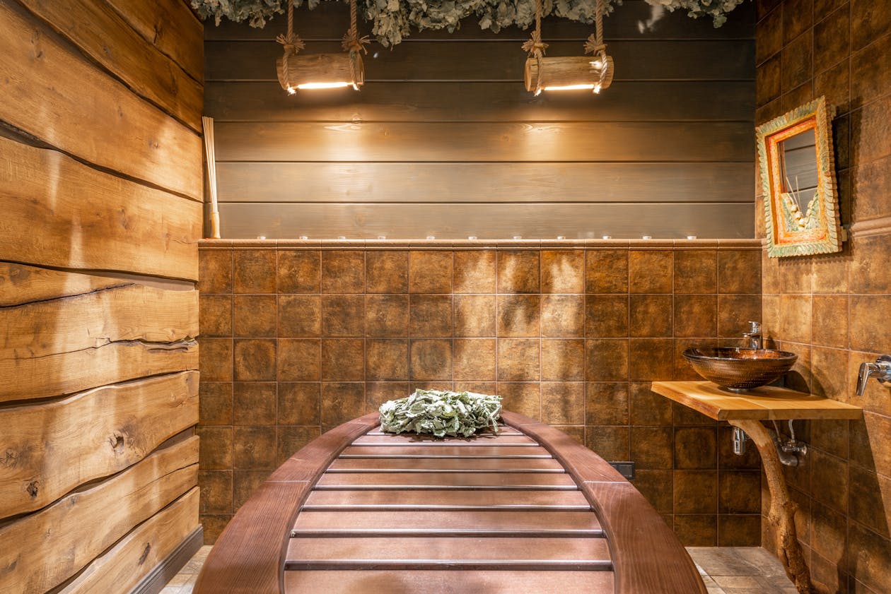 Relaxing spa and bathhouse atmosphere with warm tones and wooden interior