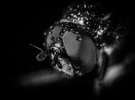 黑白微距镜头下的苍蝇眼睛特写，上面有露珠
