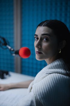 Woman in a soundproof studio with a red microphone, looking over her shoulder.
