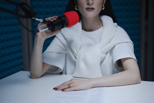 Woman in a recording studio using a microphone, wearing a white blouse and sweater.