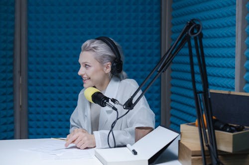 Woman in White Long Sleeve Shirt Sitting beside Yellow Microphone