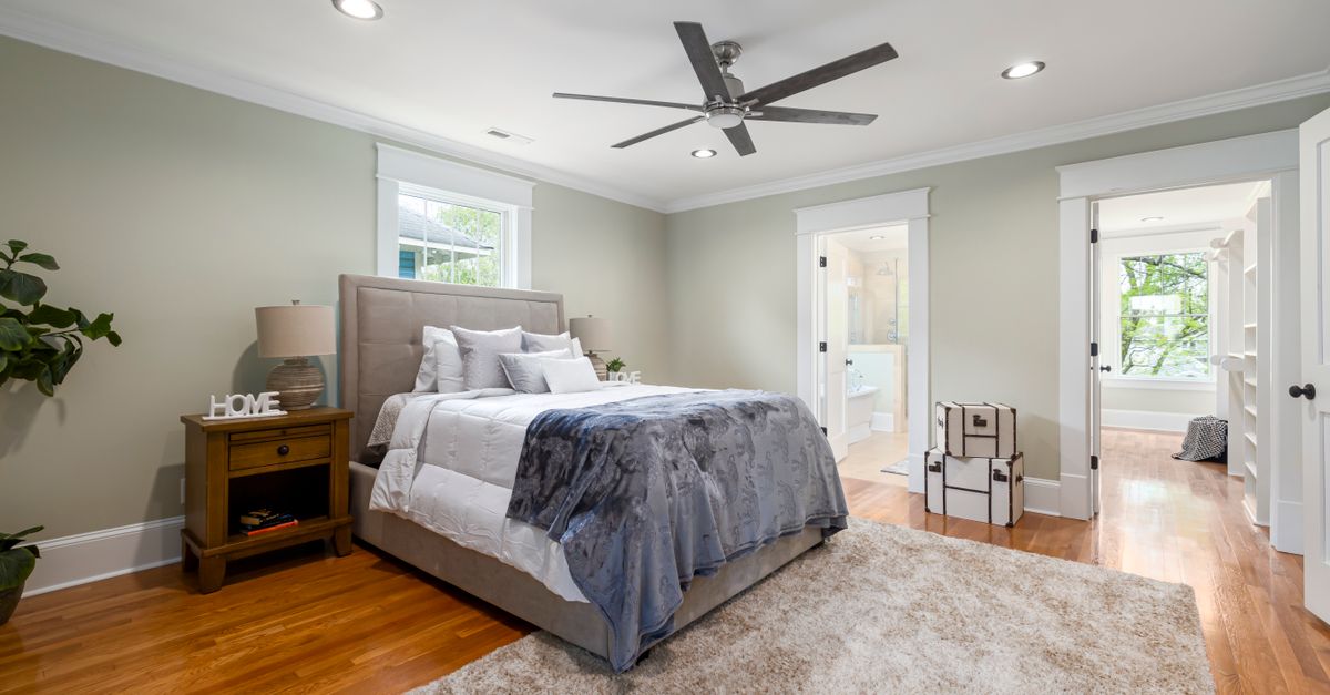 Spacious bedroom featuring a comfortable bed, ceiling fan, and natural light.