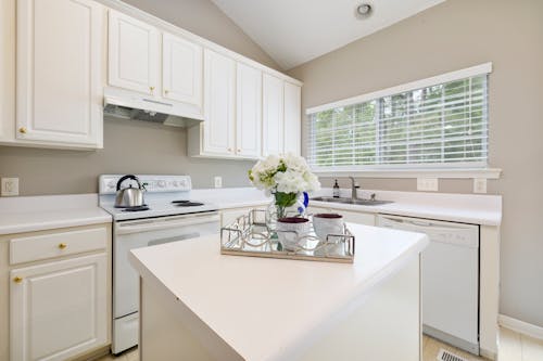 Tray with Coffees on Kitchen Counter