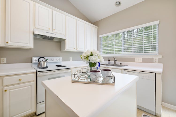 Tray With Coffees On Kitchen Counter