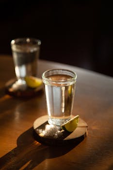 Close-up of tequila shot with lime and salt, perfect for beverage themes.