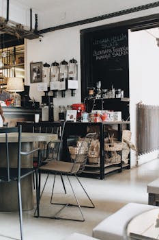 Explore this charming café with vintage decor, featuring cozy seating and a coffee station.